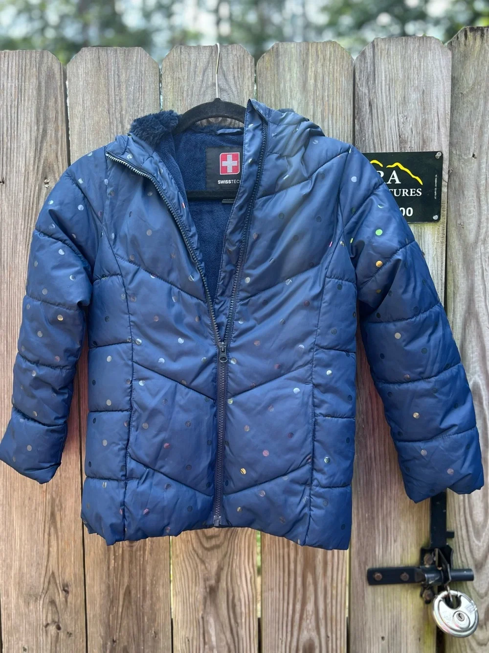 SWISSTECH Girls Navy Blue Polka Dot Confetti Puffer Coat Hooded Girls Medium 7-8